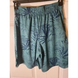 Pro Player Men's Teal Blue Leaf Print Athletic Shorts Size M Moisture Wicking